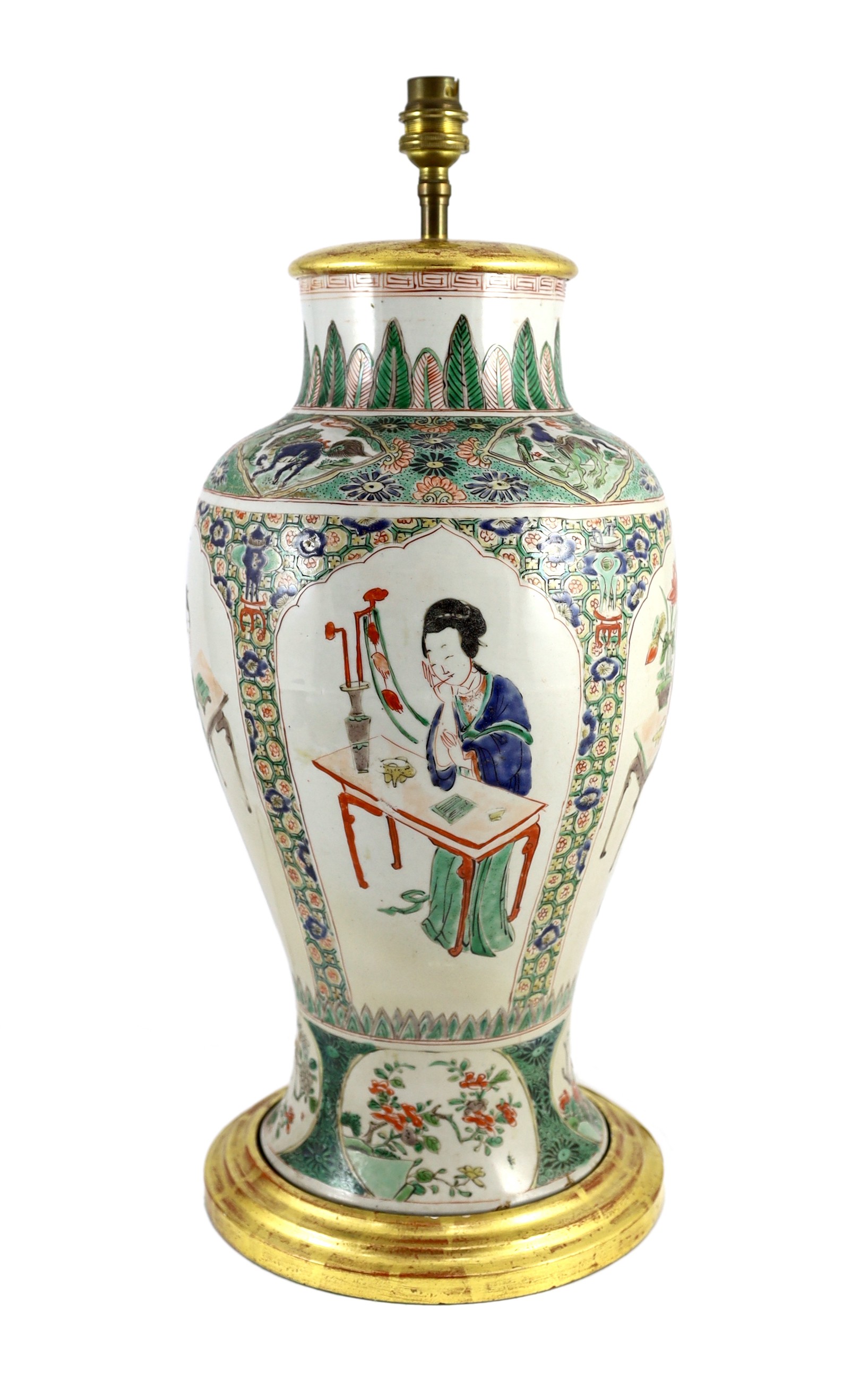 A Chinese famille verte baluster ‘Four Beauties’ baluster vase, Kangxi period, vase 42cm high, lower third restored, base lacking and mounted as a lamp, total height 53cm